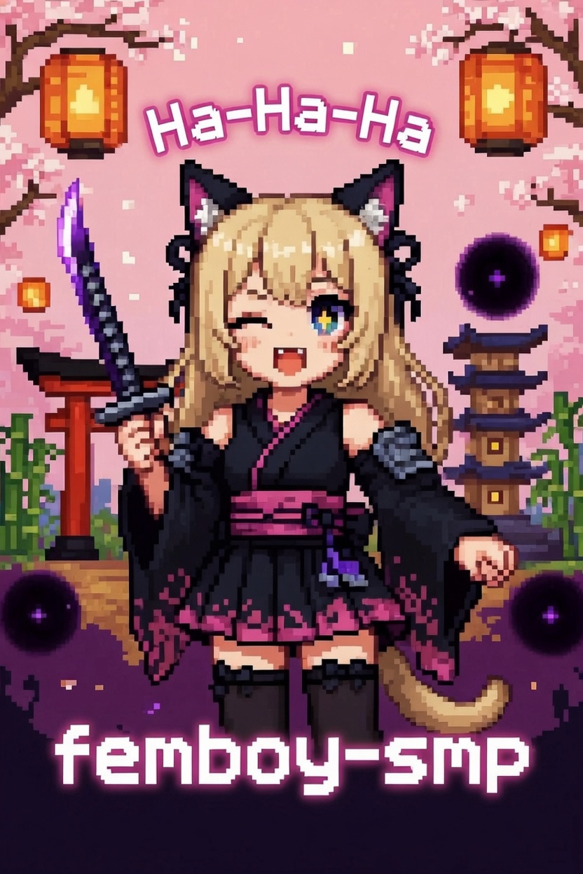Pixel-art femboy-smp character in a pink fantasy landscape